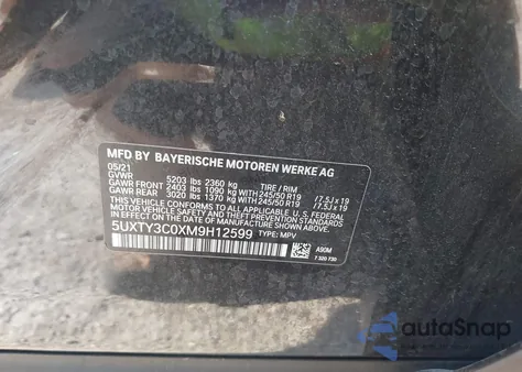 2021 BMW X3 Sdrive30I z USA, uszkodzony, nr VIN 5UXTY3C0XM9H12599